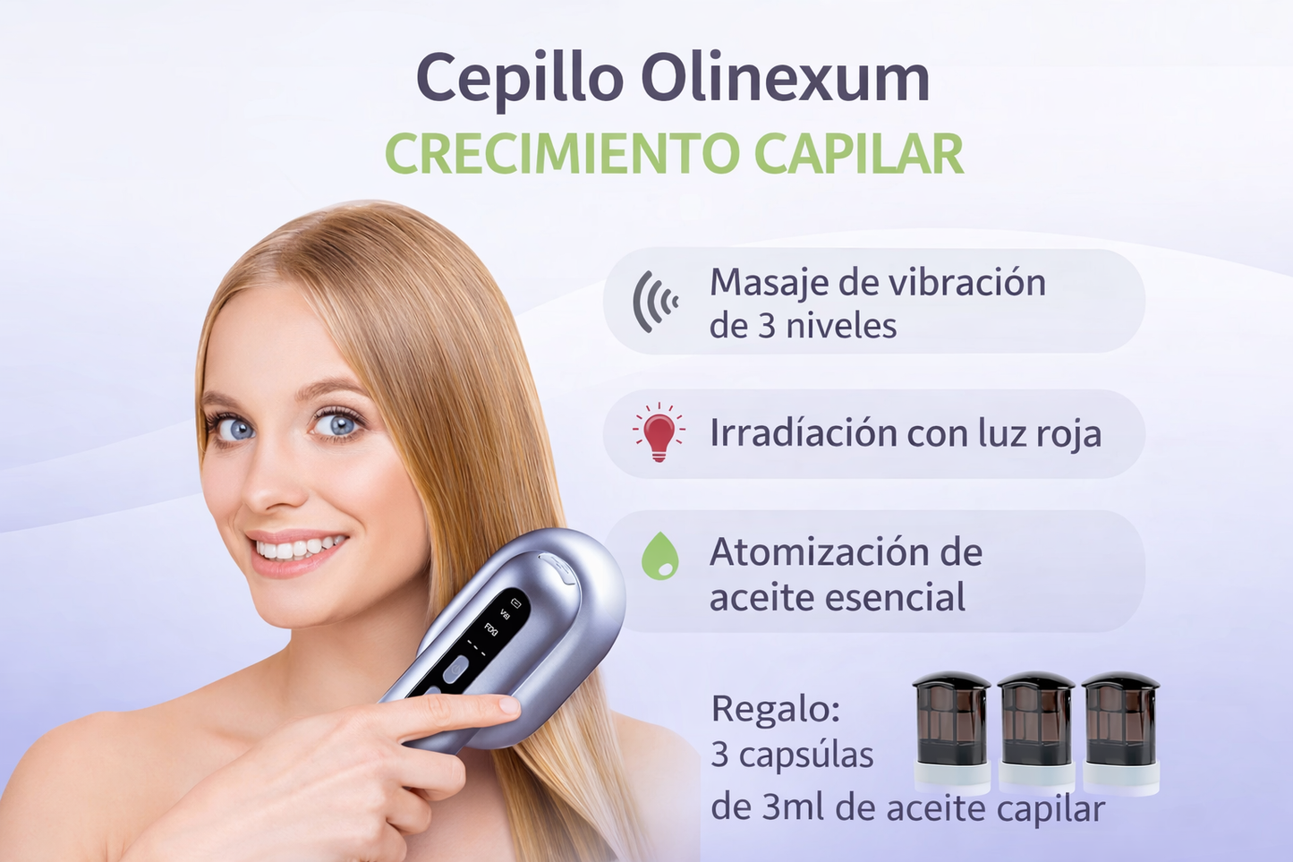 Cepillo con masaje vibratorio con atomizador y aplicador de aceite para el cabello.