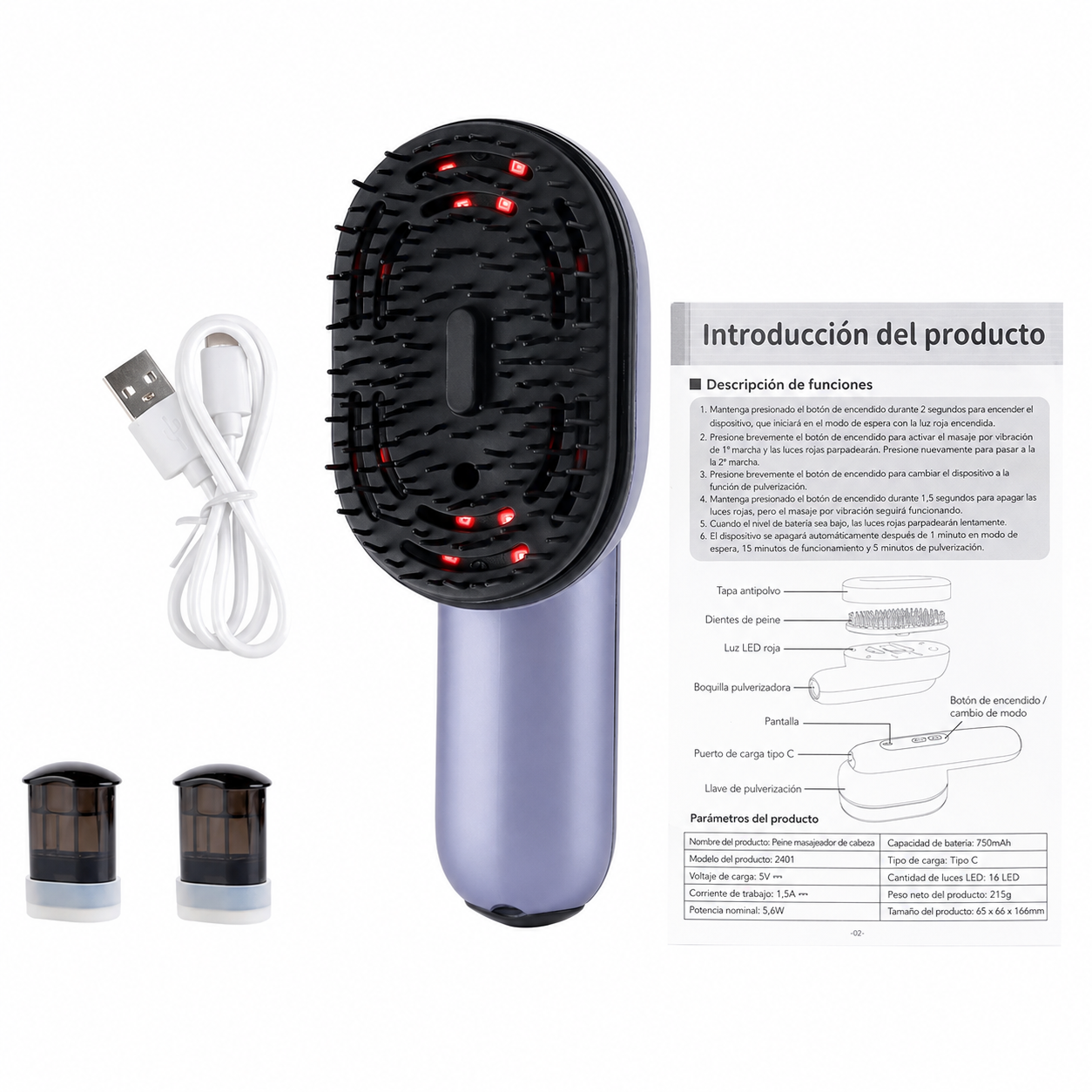 Cepillo con masaje vibratorio con atomizador y aplicador de aceite para el cabello.