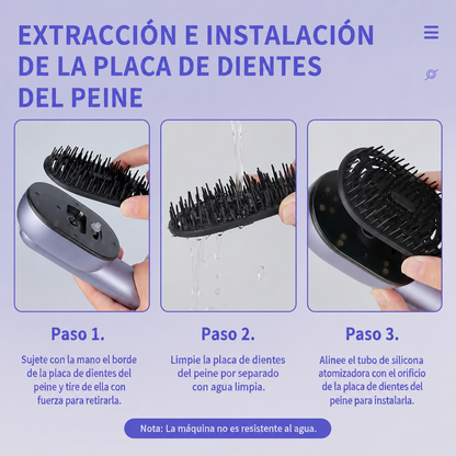 Cepillo con masaje vibratorio con atomizador y aplicador de aceite para el cabello.